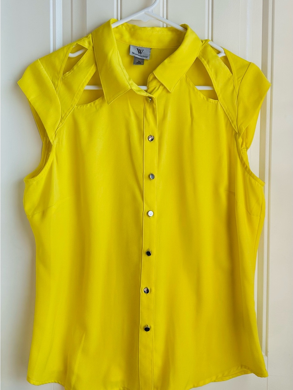Worthington Bright Yellow Sleeveless Button-Down Top with Shoulder Cutouts